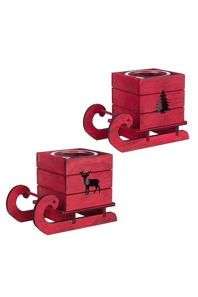 Bizzotto Set 2 suporturi lumanari din lemn rosu si sticla model Sanie 16x9x12 cm