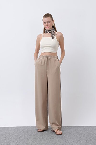 Soul بنطال نسائي بخصر مطاطي وحواف جانبية - 32231PNT - بيج