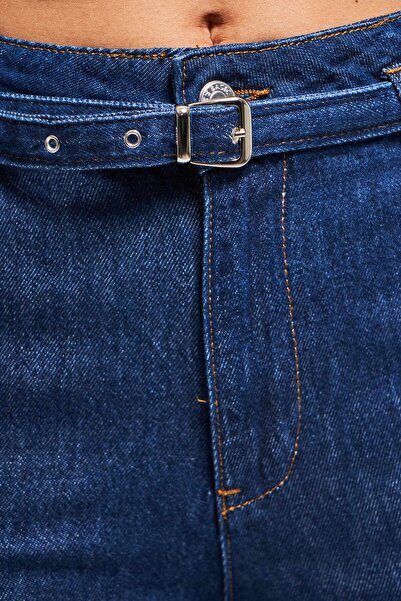 its basic Women's Indigo Color 7S5-50/1 Wide Leg Fit Belt Detailed Viscon Fabric 100% Cotton Denim Jean