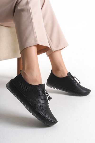 Shu Mhu Genuine Leather Black Lace-Up Laser Embroidered Orthopedic Silicone Sole Comfortable Soft Women's Shoes