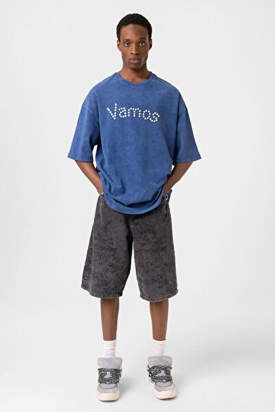 VAMOSCLO تي شيرت كبير الحجم بتفاصيل أزرار قابلة للغسل باللون النيلي