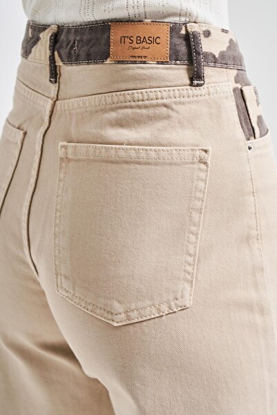 its basic Women's Beige Color 6S5-57 Straight Fit High Waist Inner Size 80cm Leopard Pattern Denim Jean