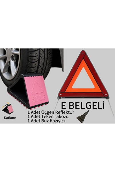 TG STEEL DESİNG TÜVTÜRK Zorunlu 3’lü Acil Durum Seti – Üçgen Reflektör + Teker Takozu + Buz Kazıyıcı – E Belgeli