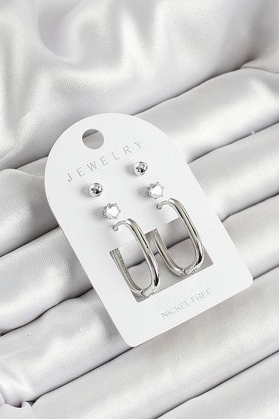 Mu Art Ahşap Silver Color 3-Piece Double Women's Earring Set with Brass Zircon Stone and Rectangular Figure