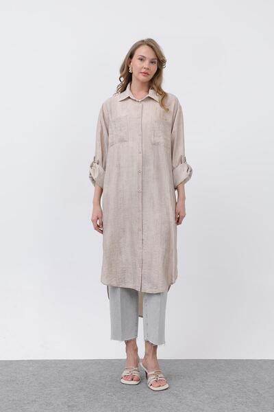 Puane Women's Long Tunic with Front Pocket Detail and Robe Back - 10639Tun - Beige