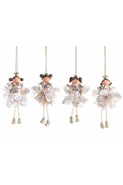 Decorer Set 4 ornaments for Christmas tree made of polyresin and textile in white and gold, Angel design 6x6