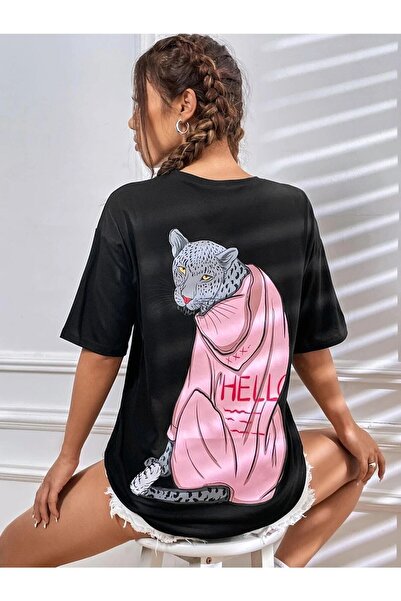 YRN COLLECTION تي شيرت أسود كبير الحجم للنساء/الفتيات مطبوع عليه Helo