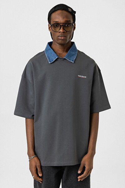 VAMOSCLO Μπλουζάκι με λεπτομέρεια κειμένου στο γιακά πόλο oversized καπνιστό