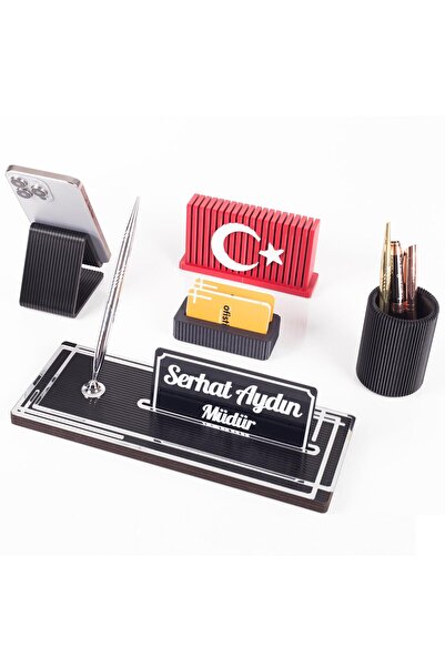 Ofistike Vera Türk Bayraklı Gümüş Ahşap Masa İsimliği Seti Çizgi Desenli Ofis...