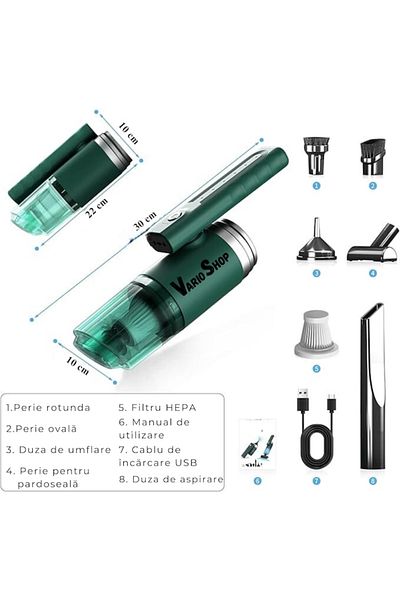 varioshop Aspirator Auto Portabil cu 5 accesorii+husa VarioShop®, Pentru uz caznic sau auto, Functie de aspir
