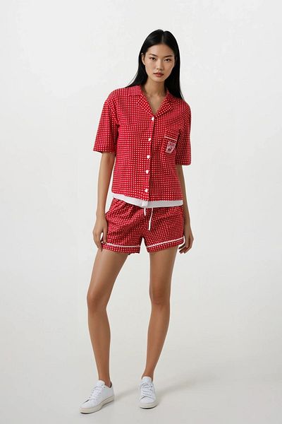 Ecrou Women's Red Pitikare Patterned Baby Collar Short Sleeve Shorts Pajama Set