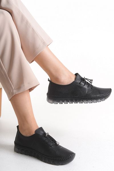 Shu Mhu Genuine Leather Black Lace-Up Laser Embroidered Orthopedic Silicone Sole Comfortable Soft Women's Shoes