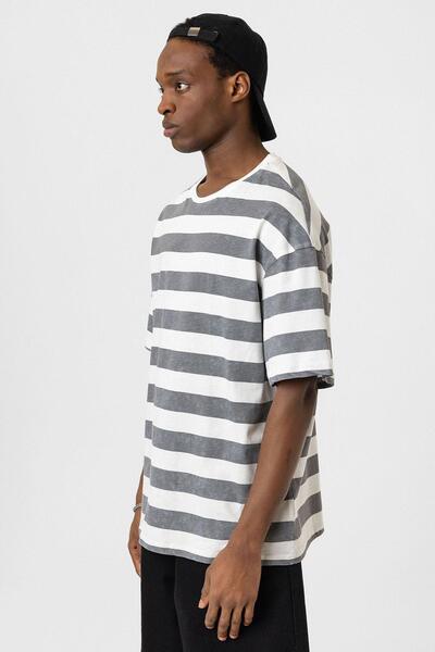 VAMOSCLO Πλενόμενο ριγέ μπλουζάκι oversized Γκρι - Λευκό