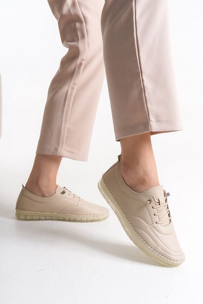 Shu Mhu Genuine Leather Cream Women's Daily Rubber Laced Orthopedic Silicone Sole Comfortable Soft Women's Shoes