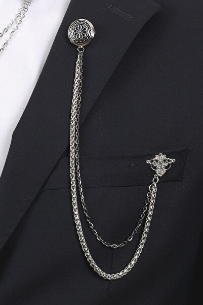 Esgue Gümüş Renk Desenli Yaka Broş Seti – 3 Parça Zincirli Takım Elbise Gömlek Yaka Seti (BRS17)