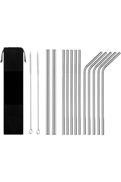 Xigule Set of 10 straws with 2 cleaning brushes and storage bag Xigule, stainless steel, silver, 21.5 cm