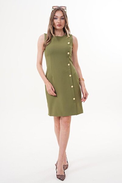 Flame İstanbul Butik Sleeveless Khaki Dress with Side Button Detail - Mck5048