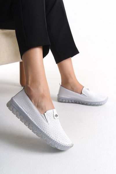 Shu Mhu Genuine Leather White Women's Daily Loafer Orthopedic Perforated Silicone Sole Comfortable Soft Women's Shoes