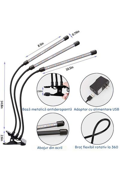 varioshop Lampa UV pentru cresterea plantelor pentru interior cu 3 brate reglabile VarioShop®, lumina LED, 3