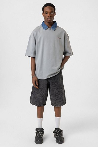 VAMOSCLO Polo Neck Text Detailed Oversize T-Shirt Gray