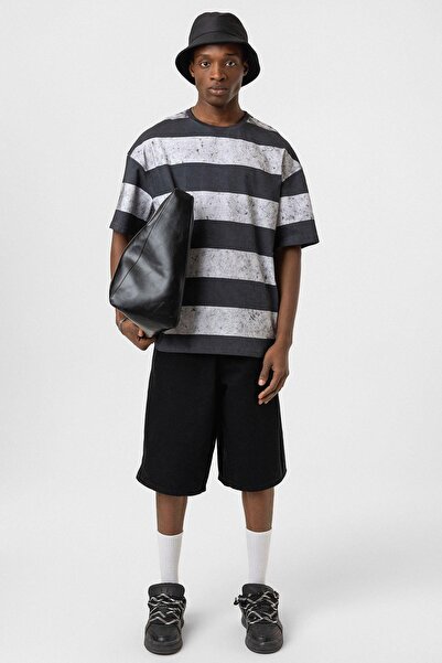 VAMOSCLO oversized T-Shirt με λεπτή ρίγα που πλένεται - Γκρι - Λευκό