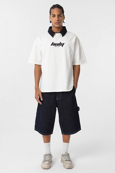 VAMOSCLO Polo Neck Oversize Printed T-Shirt Ecru