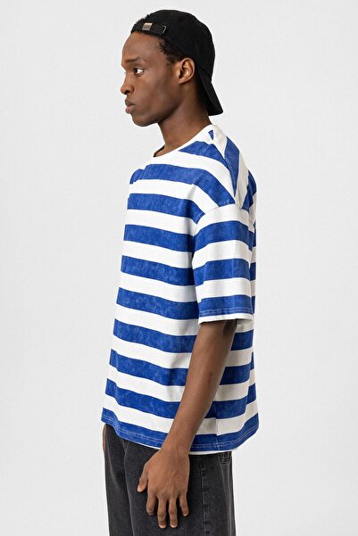 VAMOSCLO Πλενόμενο ριγέ μπλουζάκι oversized μπλε κοβαλτίου - Λευκό