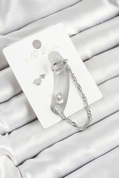 SeyCey.co Brass Arrow Figured Zircon Stone Silver Color 3-Piece Cartilage Women's Earring Set