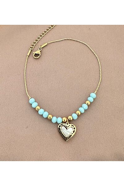 lolajewelry Luxury Steel Dorika Blue Beaded Heart Shaped Coral Gold Color Steel Anklet