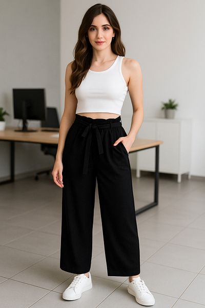 Hayalet Special Design Elastic Waist Side Pockets Wide Leg Linen Trousers - M/Xl