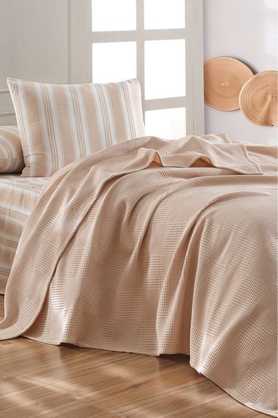 Eponj Home Sheet Pique Set Single 100% Cotton 3 Piece Soft Striped Patterned Beige – Weave Series
