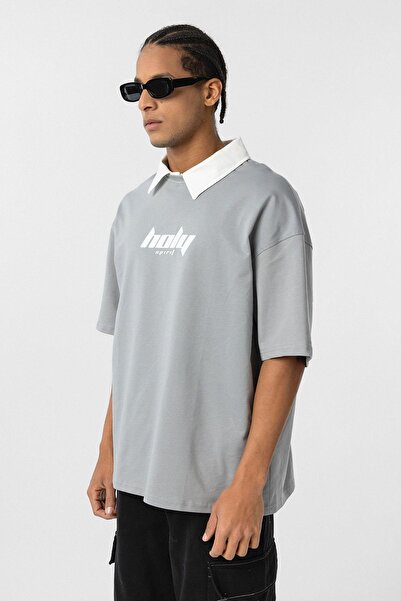 VAMOSCLO Μπλουζάκι με λαιμόκοψη πόλο oversized με τύπωμα Γκρι