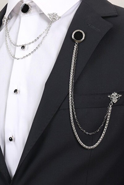 Esgue Gümüş Siyah Renk Desenli Yaka Broş Seti – 3 Parça Zincirli Takım Elbise...