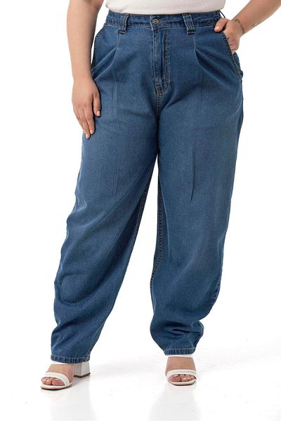 DISENTIS MODEST Plus Size Front Pleated Half Balloon Cut Waist Back Elastic Pocket Denim Blue Trousers