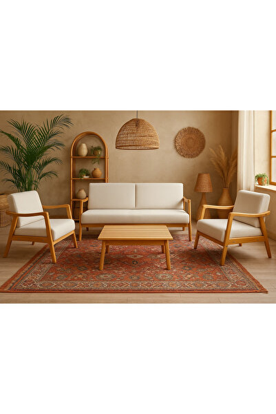 Zem Favela Bohem Çay Seti Natürel Ahşap,Kırık Beyaz(1 ADET IKİLİ BERJER 2ADET...