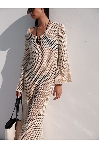 mathilda store Women's Ecru Gloria Beachwear Dress with Slit Detail