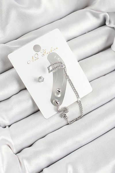 Mu Art Ahşap Brass Snake Figured Zircon Stone Silver Color 3-Piece Cartilage Women's Earring Set