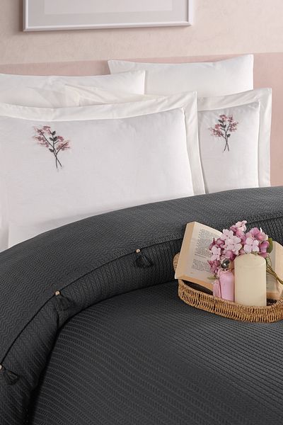 Marka Newhome Double Fringed Hand Embroidered 100% Cotton Luxury Pique Set Anthracite