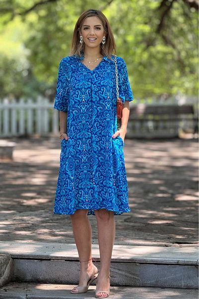Nevin Kaya Moda Rochie albastră cu model Hitit cu guler de cămașă 100% bumbac viscoză