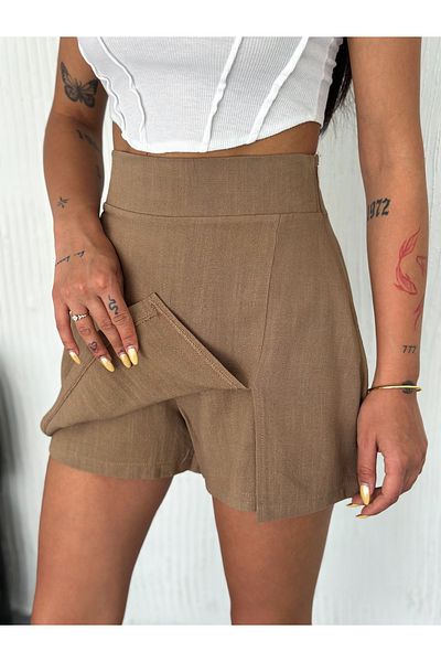 fiolin Soft Textured Slit Linen Shorts Skirt