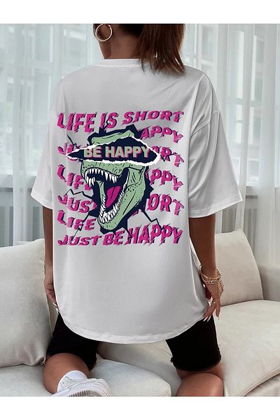 Boi Γυναικεία / Κορίτσια Λευκό Oversize T-shirt Be Happy Printed