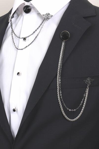 Esgue Erkek Siyah Taşlı Zincirli Ceket & Gömlek Yaka Broş Seti – 3 Parça Takı...