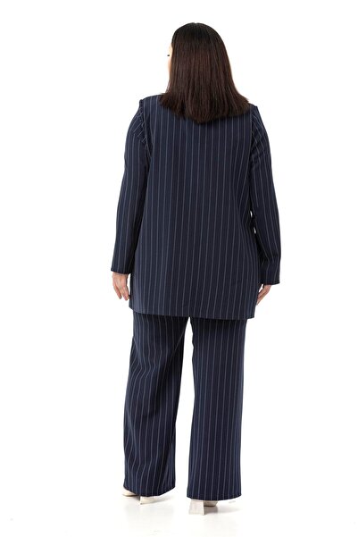 DISENTIS MODEST Plus Size Striped Navy Blue Jacket Pants Double Suit