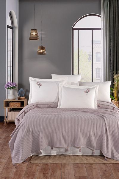 Marka Newhome Double Fringed Hand Embroidered 100% Cotton Luxury Pique Set Dried Rose