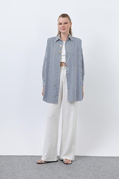 Puane Women's Striped Brooch Detailed Shirt -10695Gml - Navy-Ecru