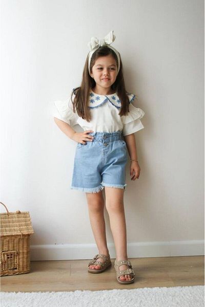 Canlook Set fete cu pantaloni scurți din denim brodat