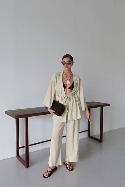 Laluvia Yellow Kimono Suit with Hidden Belt Detail - 8723