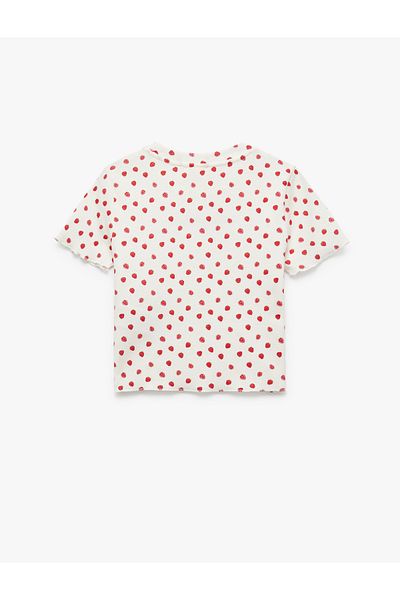 Koton Cotton Embroidery Detailed Strawberry Printed Slim Fit Crew Neck Short Sleeve Crop T-Shirt