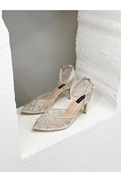 NUR KARACA 25Y3522 EL İŞLEMELİ TÜL DETAY 8CM İNCE TOPUKLU YARIM AÇIK STİLETTO...