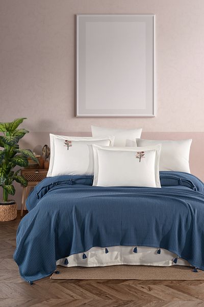 Marka Newhome Double Fringed Hand Embroidered 100% Cotton Luxury Pique Set Indigo